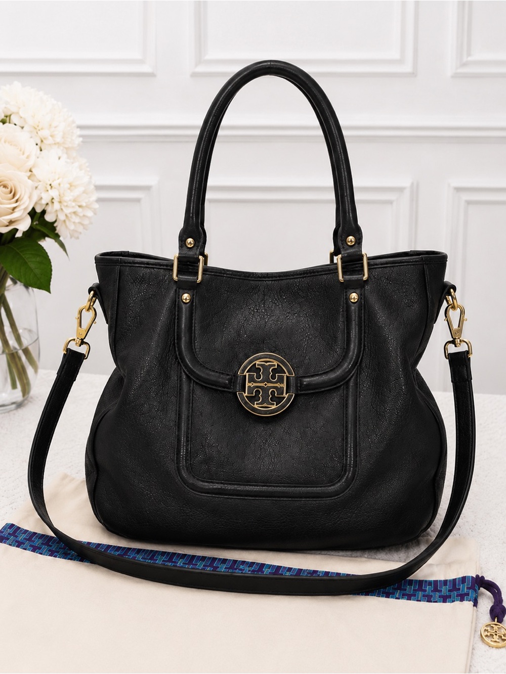 Tory Burch Amanda Classic Handle Black Leather Hobo Crossbody Dust Bag